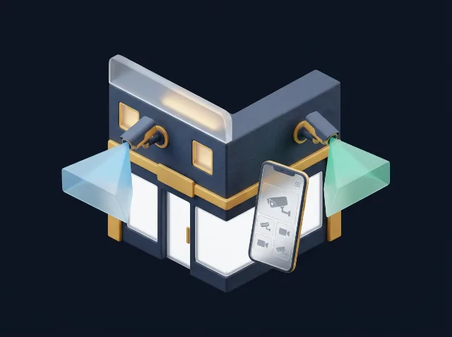 매장 CCTV 두 대의 촬영 범위와 스마트폰으로 보는 영상 화면 일러스트